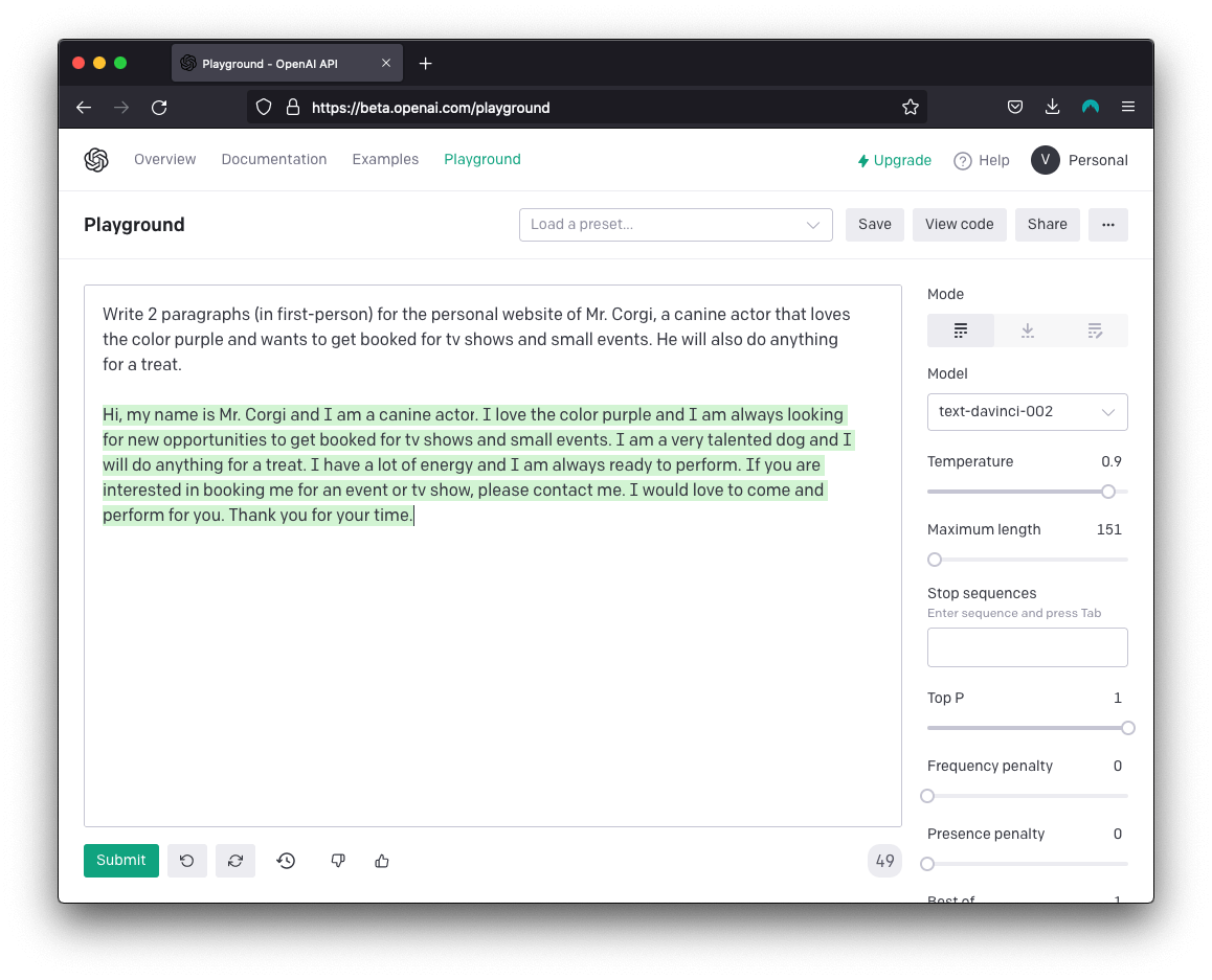 Screen capture of OpenAI’s playground