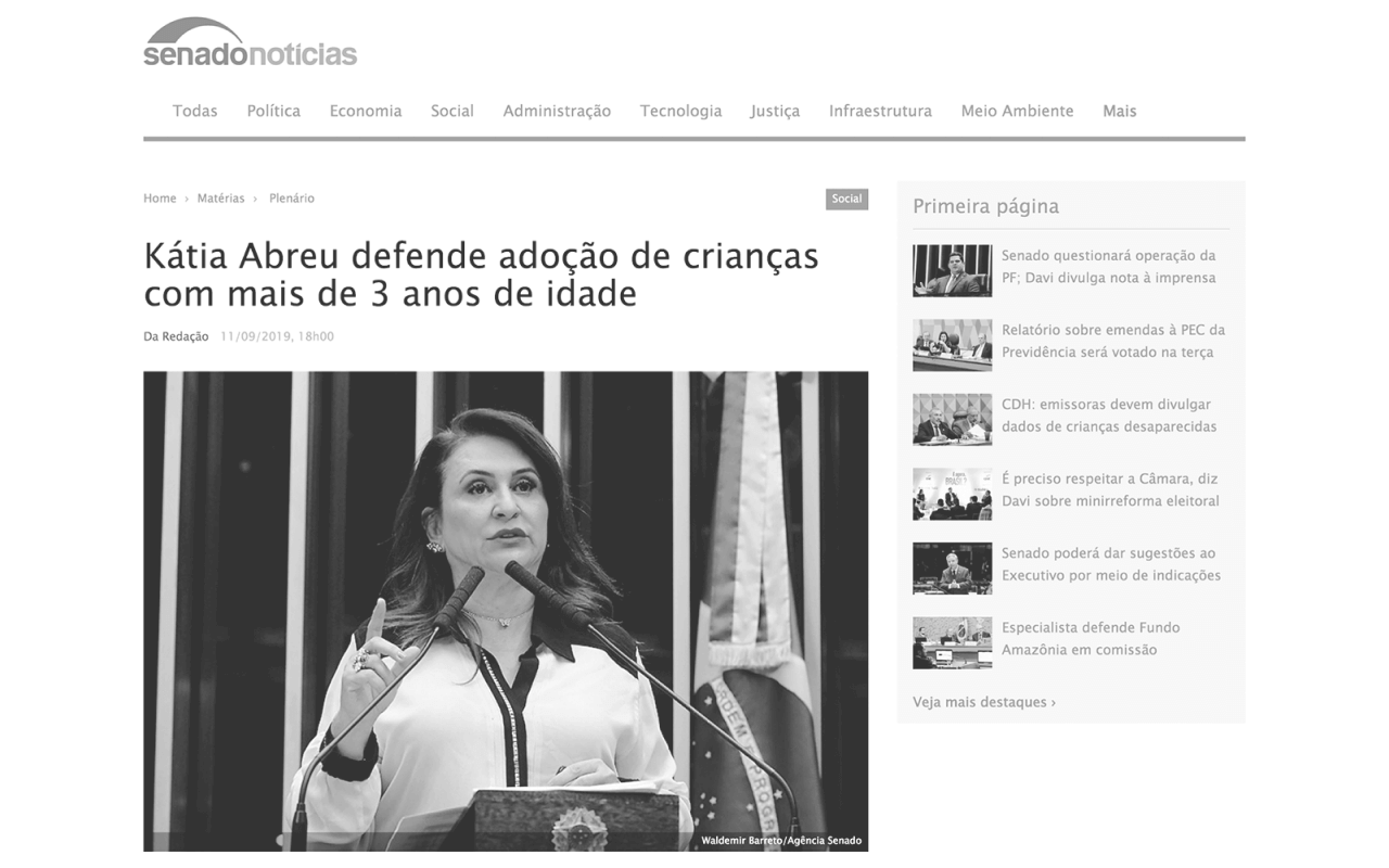 Screen capture of Senado Notícias’s homepage, featuring an article published on September 11, 2019
