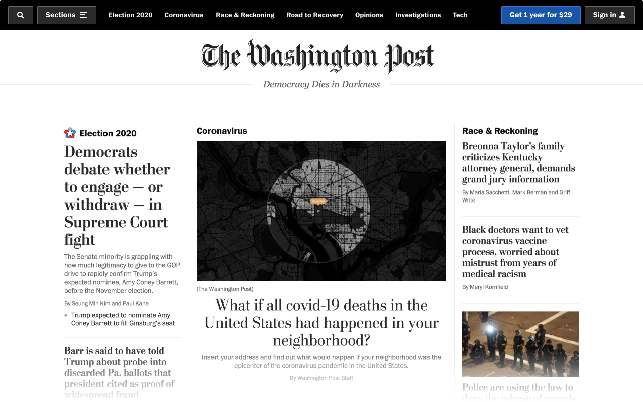 Screen capture of The Washington Post’s homepage in September 26, 2020 – when the U.S. version of “At the Epicenter” was published.